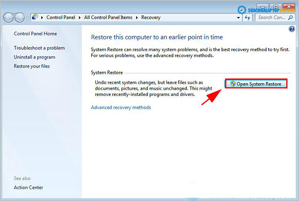 Bấm Mở System Restore để mở System Restore wizard